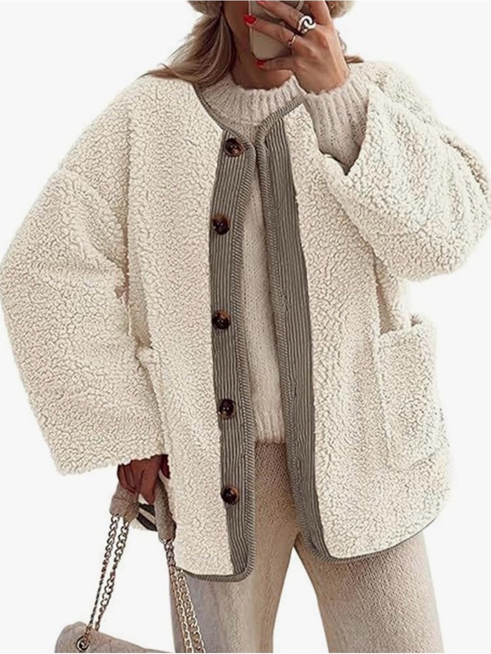 Cozy Cream Sherpa Jacket with Contrast Trim